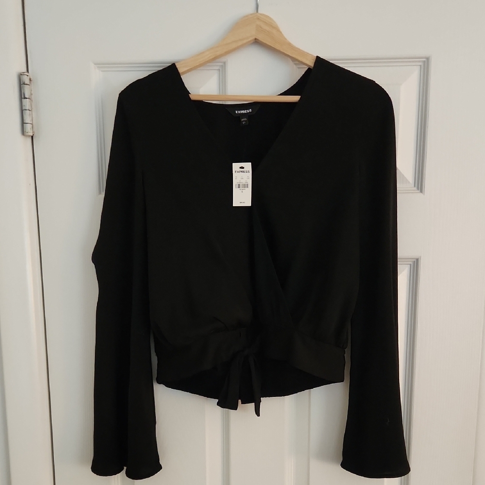 Express Black Tie-Front Long Sleeve V-Neck Top